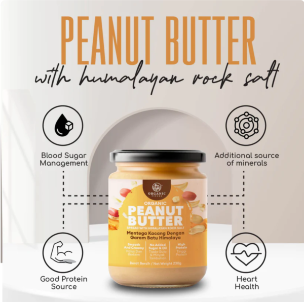Organic Fields Organic Peanut Butter Spread (220g) in Bottle Malaysia Made with Himalayan Rock Salt Low Sodium & High Protein